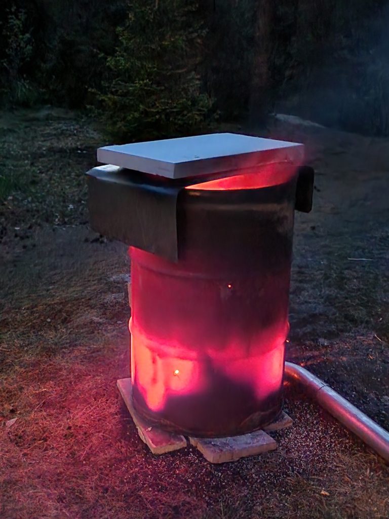 oil barrel for burning raku is red hot